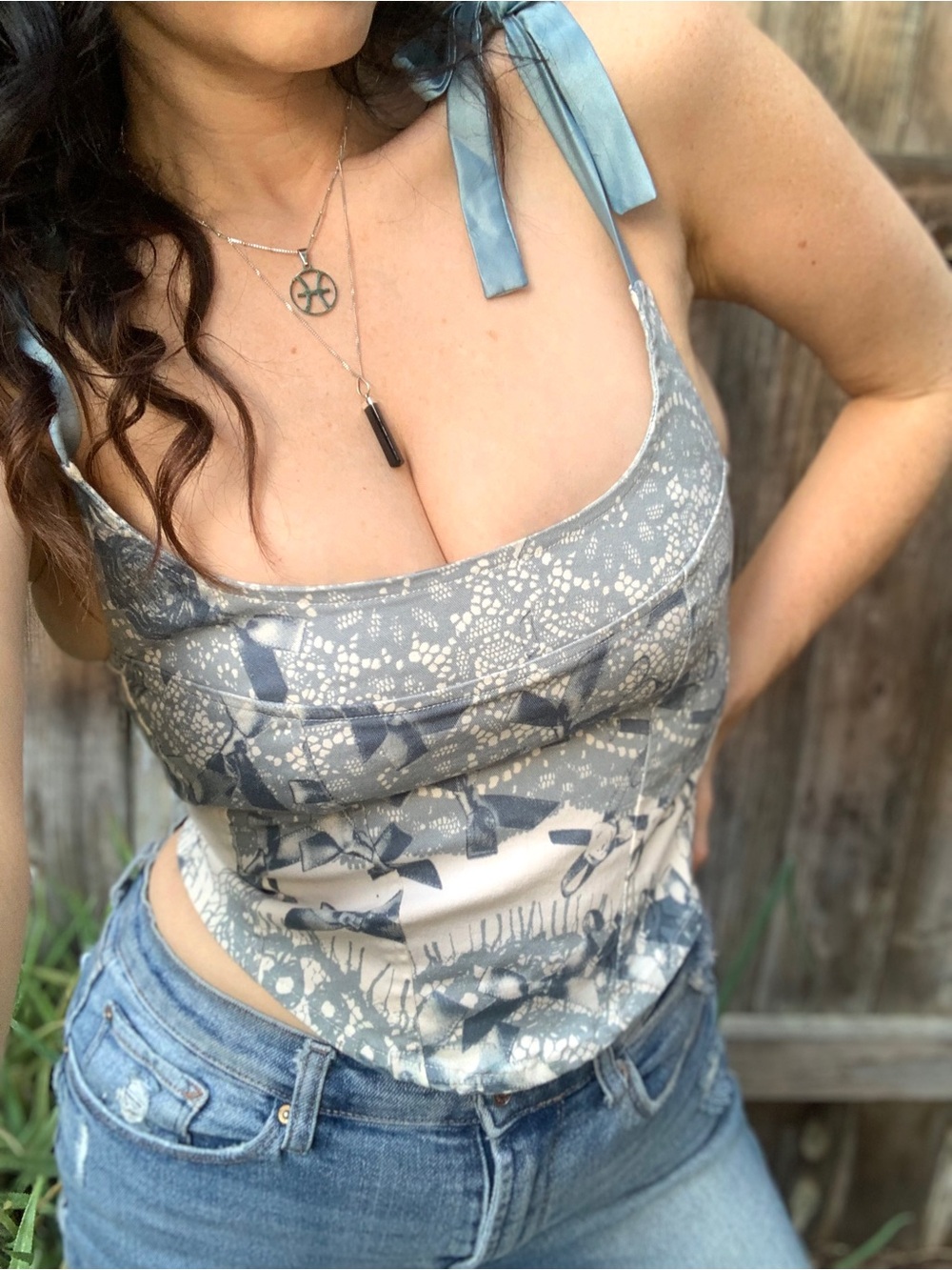 Motel Rocks Blue Floral Ribbon Tie Corset